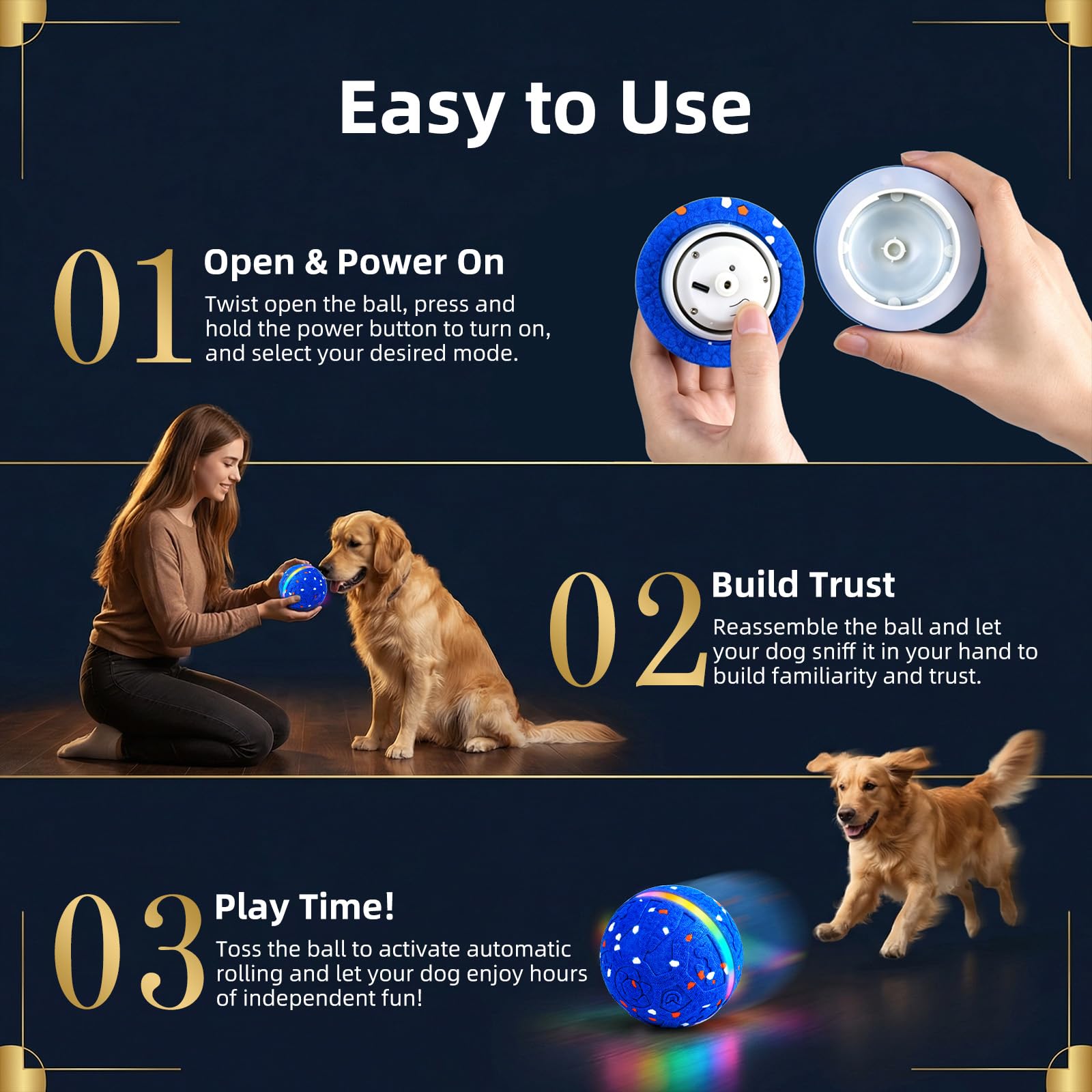 Interactive Dog Ball Toy, Durable E-TPU Material, 3 Play Modes with Colorful Lights, Automatic Moving, Bouncing and Rotating for Medium and Large Dogs Indoor & Outdoor (Blue)