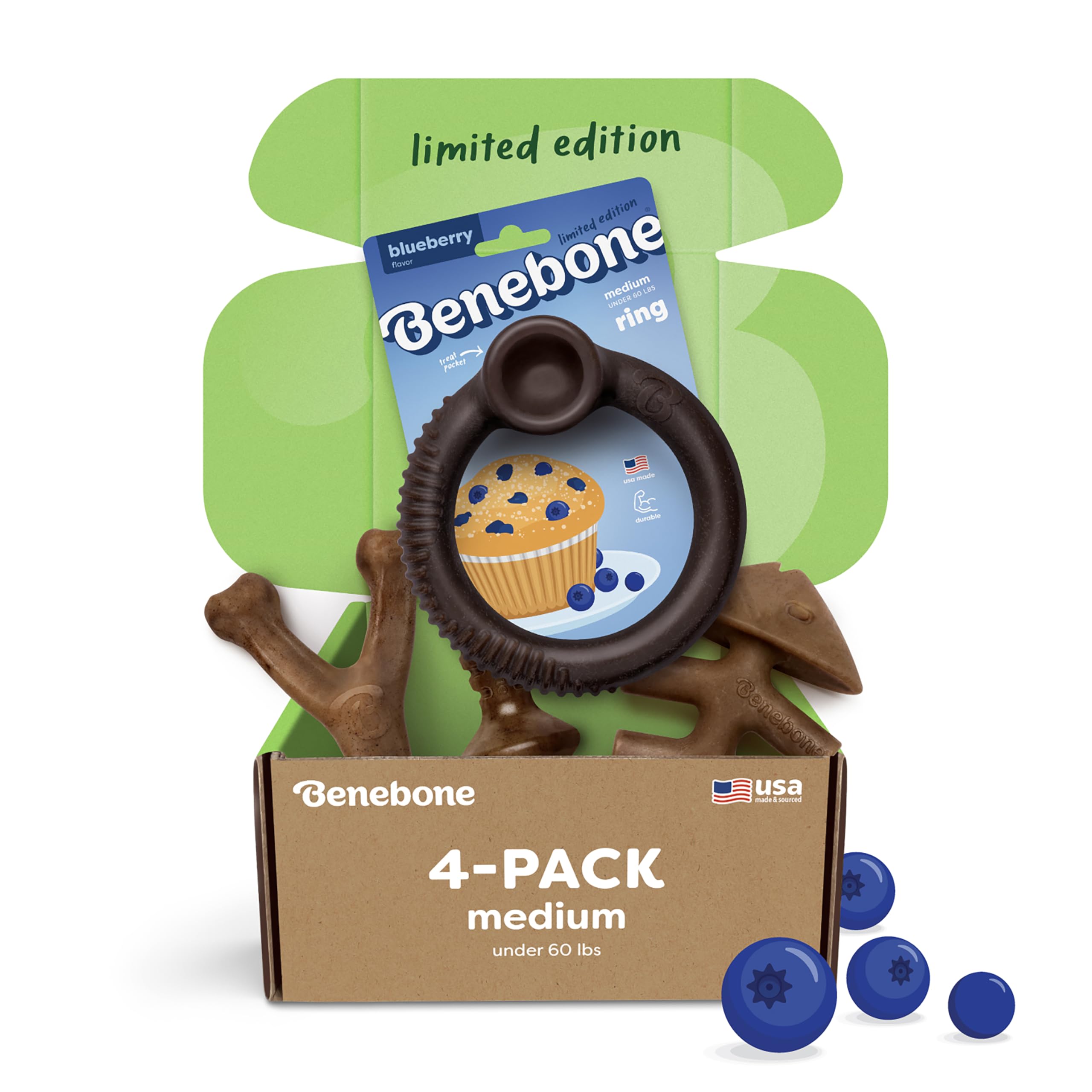 Benebone Large 4-Pack Dog Toys for Aggressive Chewers – Durable Dog Bones, Made in USA – Dog Toys for Large Dogs Under 90 lbs