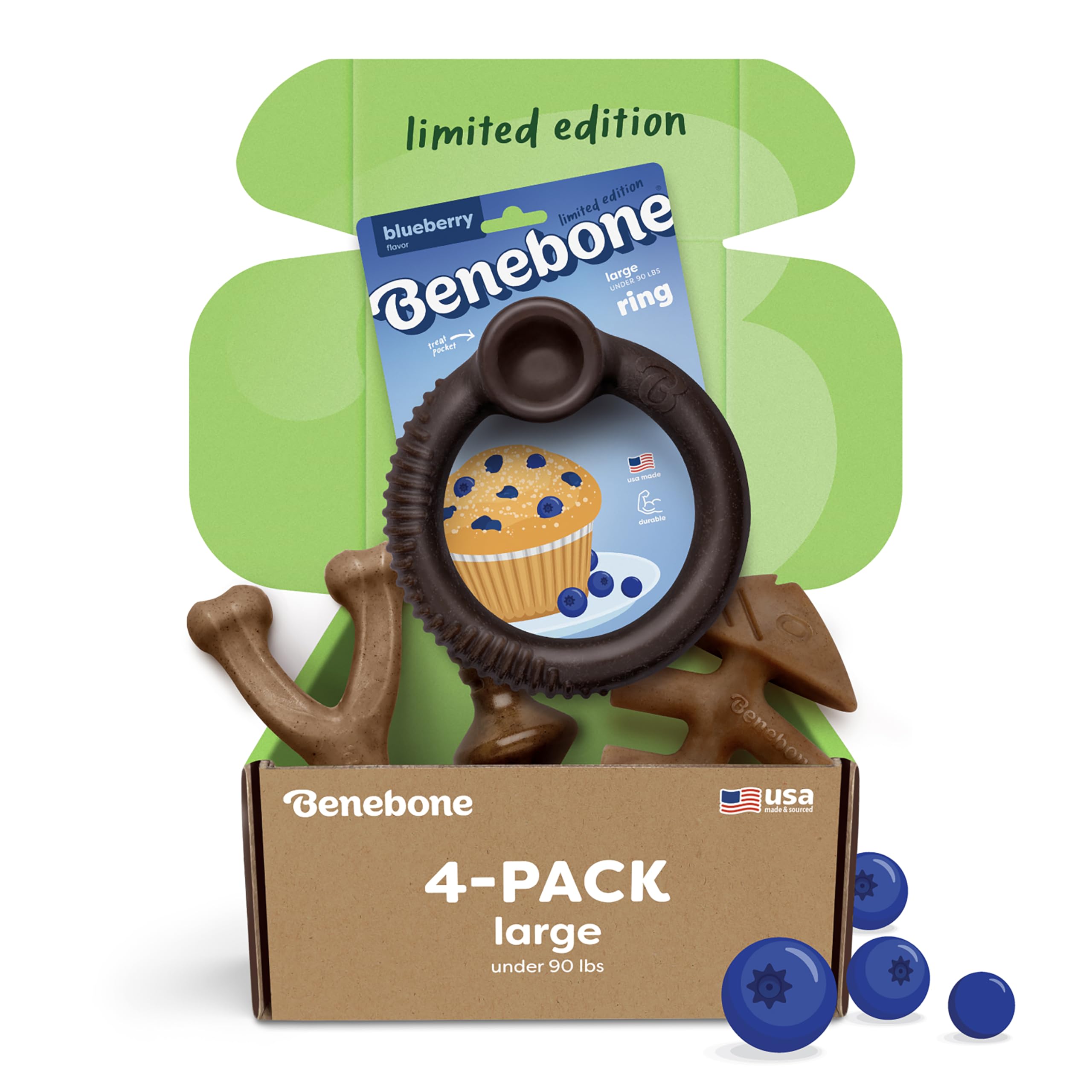 Benebone Large 4-Pack Dog Toys for Aggressive Chewers – Durable Dog Bones, Made in USA – Dog Toys for Large Dogs Under 90 lbs