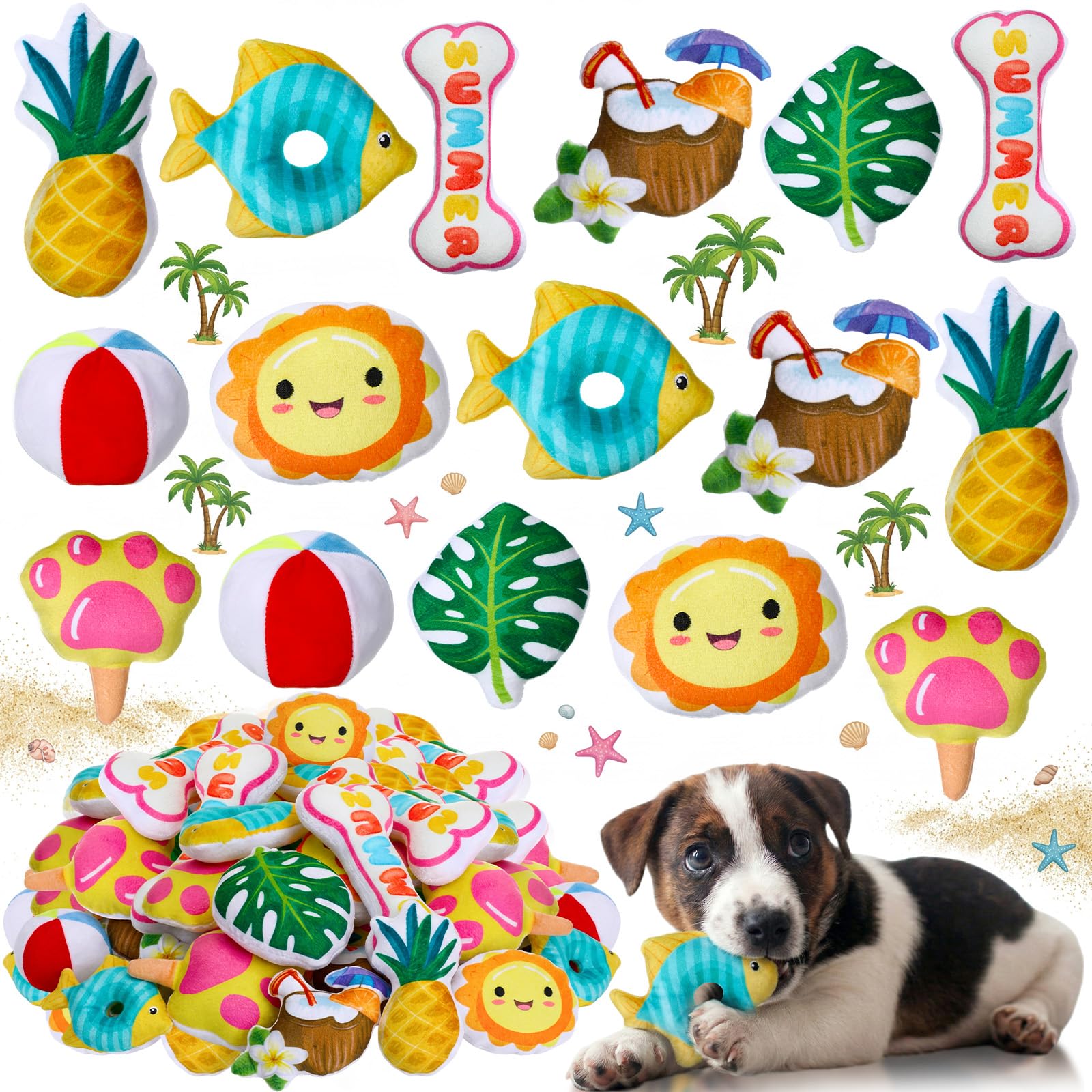 Soulchen 80 Pcs Summer Dog Toys Set Puppy Squeaky Toys Bulk Cute Stuffed Plush Dogs Chew for Small Medium Pet with Squeakers for Fun & Teething Birthday Gifts Party Party
