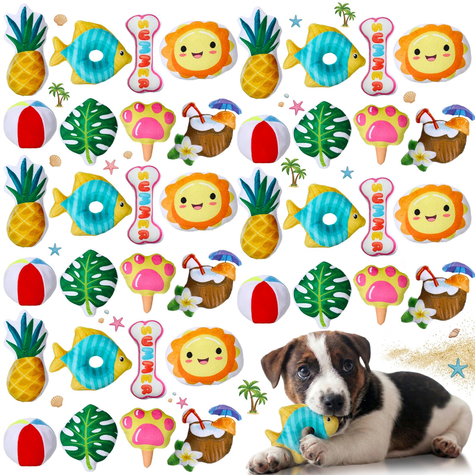 Soulchen 80 Pcs Summer Dog Toys Set Puppy Squeaky Toys Bulk Cute Stuffed Plush Dogs Chew for Small Medium Pet with Squeakers for Fun & Teething Birthday Gifts Party Party