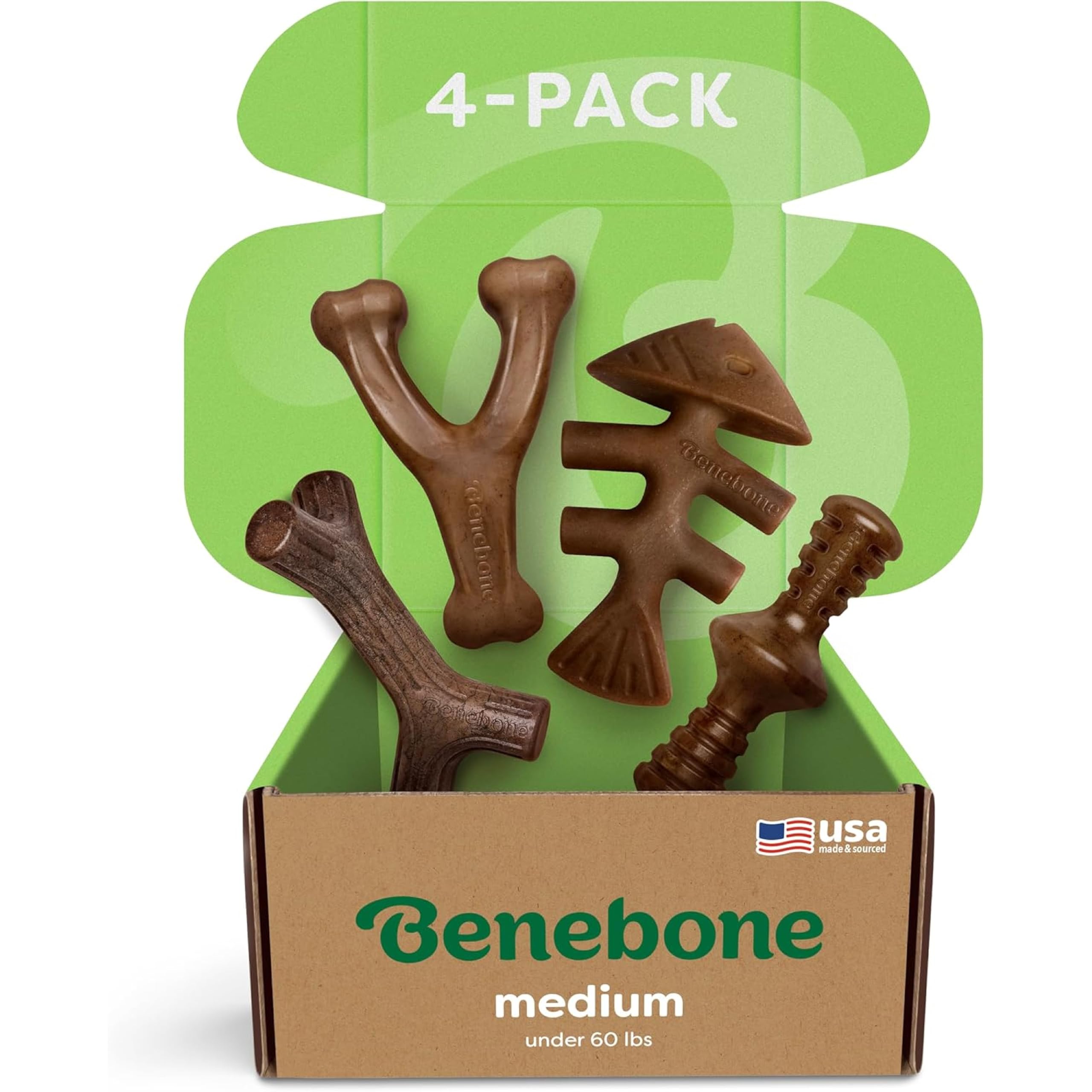 Benebone Large 4-Pack Dog Toys for Aggressive Chewers – Durable Dog Bones, Made in USA – Dog Toys for Large Dogs Under 90 lbs