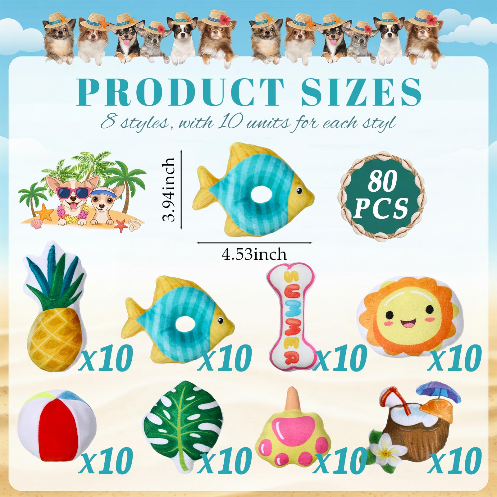 Soulchen 80 Pcs Summer Dog Toys Set Puppy Squeaky Toys Bulk Cute Stuffed Plush Dogs Chew for Small Medium Pet with Squeakers for Fun & Teething Birthday Gifts Party Party