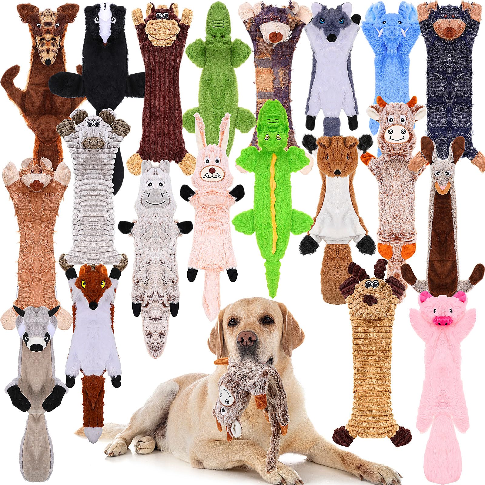 Outus 20 Pcs No Stuffing Dog Squeaky Toys Bulk for Aggressive Chewers, Crinkle Teething Chew Plush Toys for Small Medium Large Pet Gift, 20 Styles(Vivid Style)